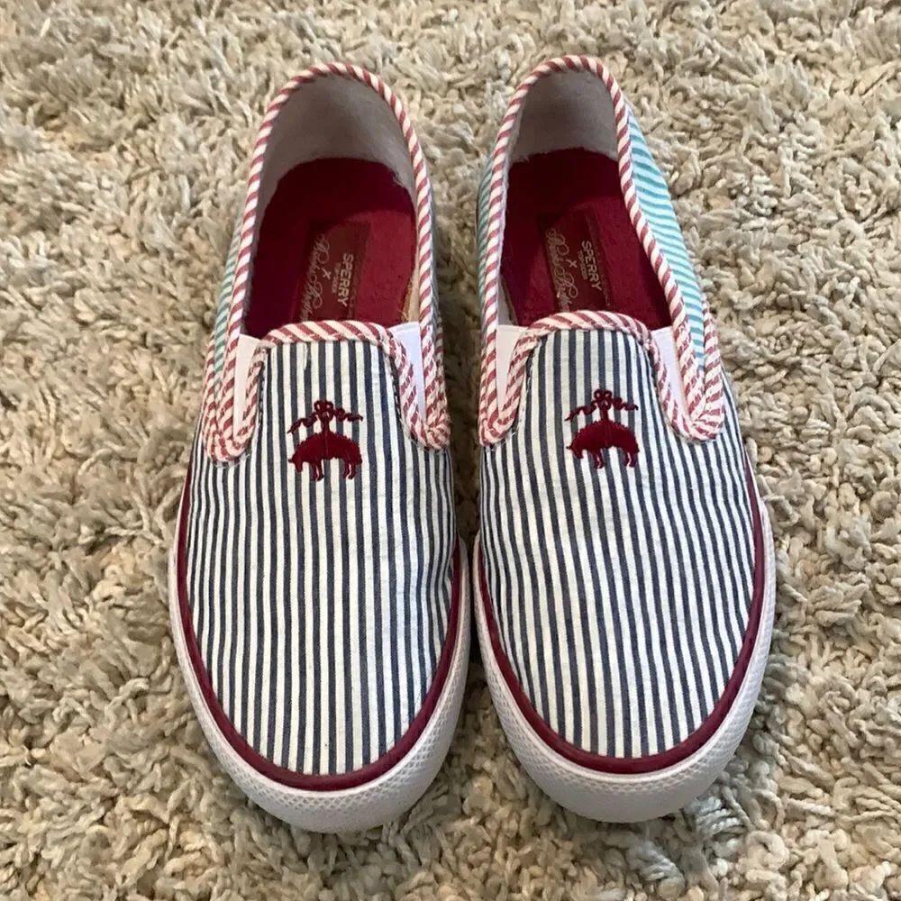 Sperry X Brooks Brothers blue/red seersucker pig slid on sneakers Size 4.5